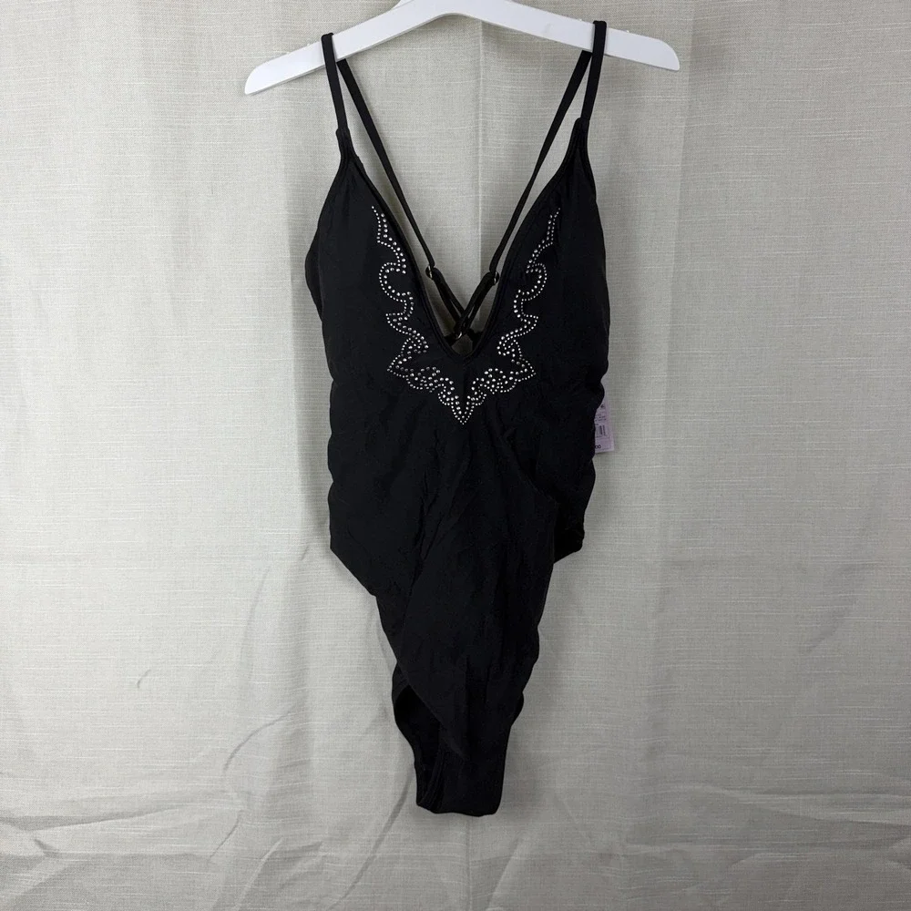 Wild Fable Swimsuit Womens Large Black Studded One Piece Extra High Leg‎ Cheeky